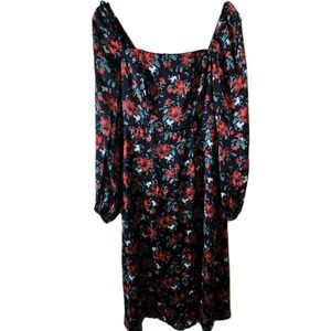 Audrey Parks Francesca's Dress Women M Black Red Floral Square Neck Smocked Midi